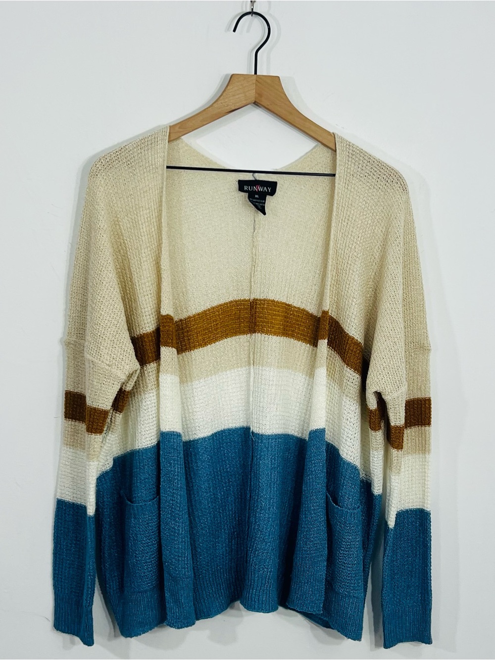 Runway 7 Colorblock Striped Open Front Cardigan Sweater Knit Long Sleeve Casual